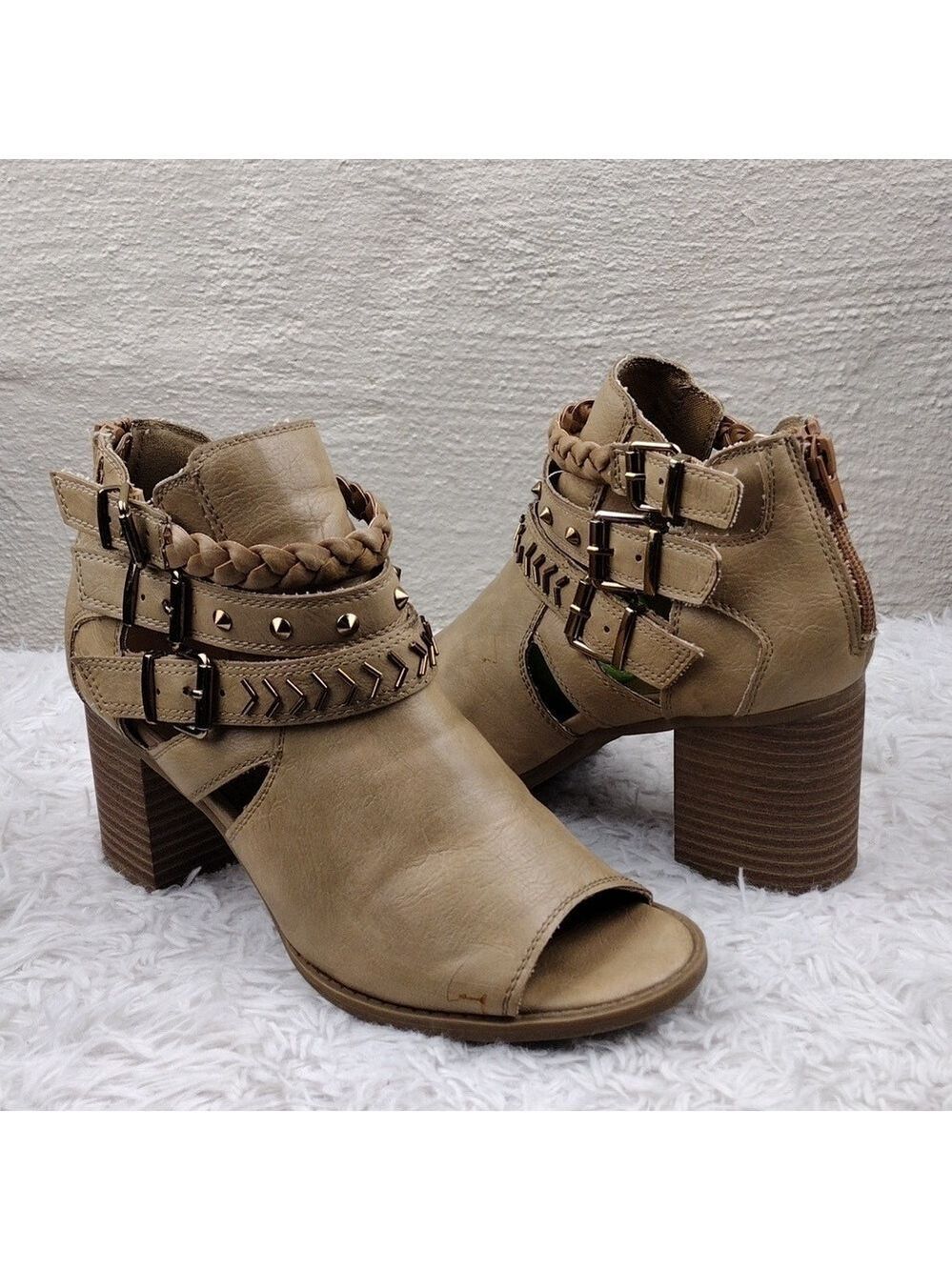 Sugar River Tan Faux Leather Open Almond Toe Block Heel Zipper Back Ankle Boot